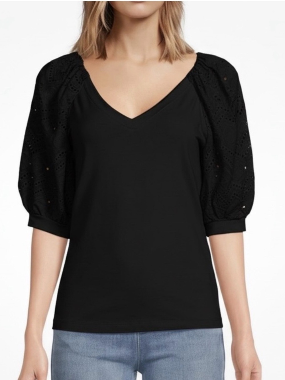 Womens Black V-Neck Eyelet Puff Sleeve Tee